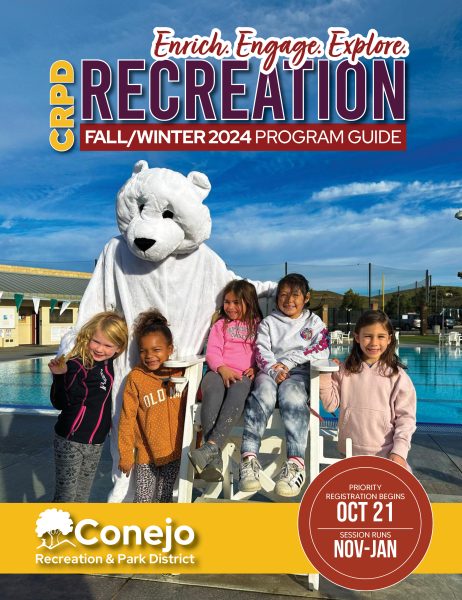 CRPD Fall/Winter 2024 Program Guide cover with Children standing with a Polar Bear in front of the CLU Community Pool